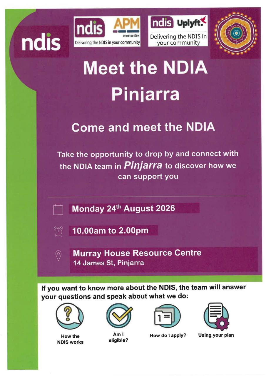 Event flyer, includes same text as above as well as NDIS logo and partner logos APM Communities and Uplyft