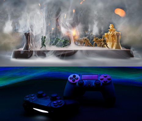 image is split in two halves, the top half shows a chess board with chess pieces on the outsides and toy soldiers on the inside rows waging war on a smokey background. The bottom half shows two nintendo game controllers and a blue and green swirl background.