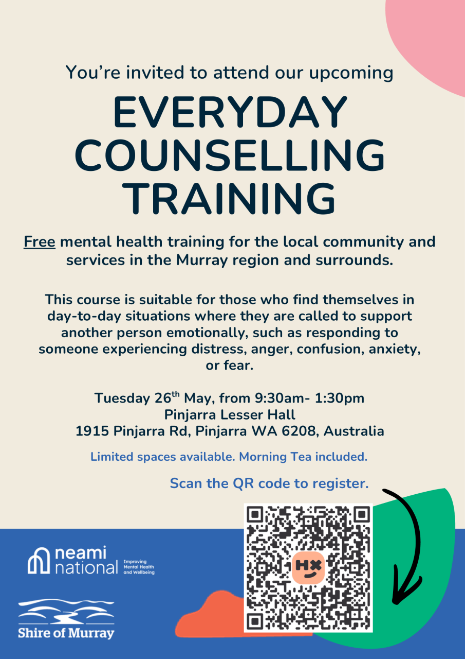 A promotional flyer for Everyday Counselling Training. The flyer promotes free mental health training for the local community and services in the Murray region and surrounding areas. It explains that the course is suitable for people who may need to emotionally support others in everyday situations, including responding to distress, anger, confusion, anxiety, or fear.